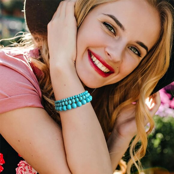 3PCS  Blue Turquoise Crystal Natural Stone Beaded Stretch Bracelet for Women - Picture 4 of 6